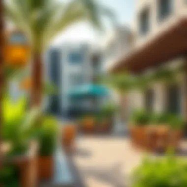 Vibrant community spaces in Al Khail Gate filled with greenery and outdoor seating