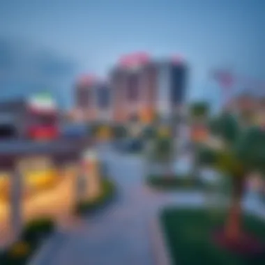 A panoramic shot of local amenities available in Al Khail Heights, including shops and parks.