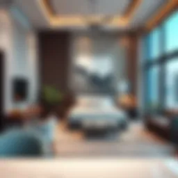 A modern studio apartment in Al Khail Heights showcasing contemporary design elements.