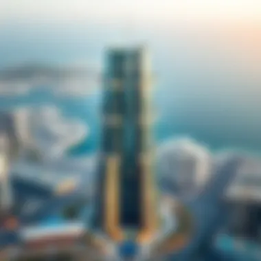An aerial view of the Al Maktoum Building showcasing its unique architecture