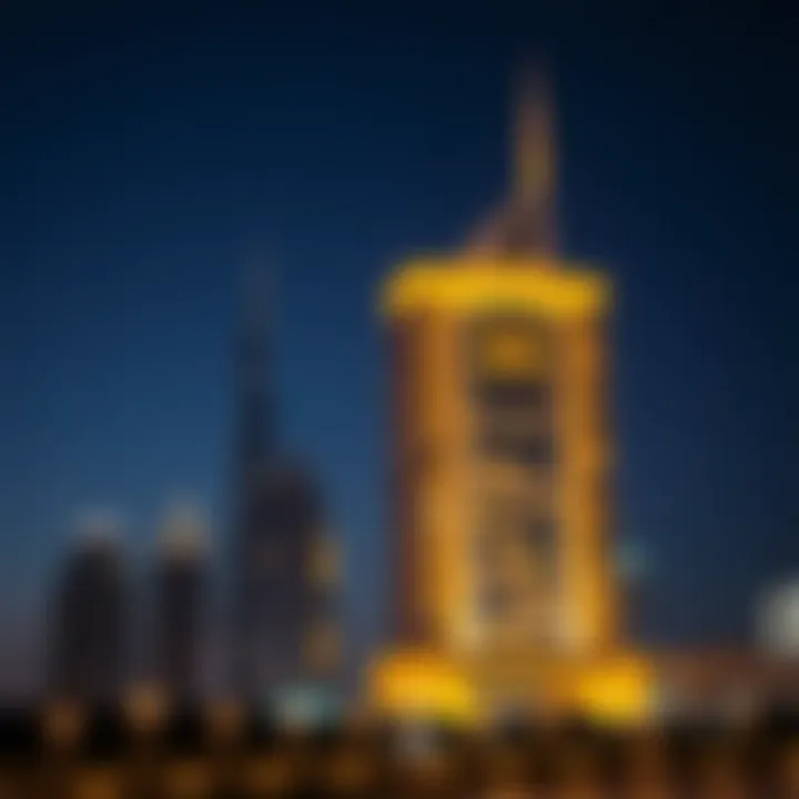 The Al Maktoum Building illuminated at night against the Dubai skyline