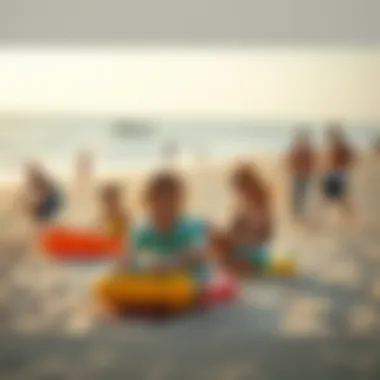A family enjoying various beach activities on a sunny day