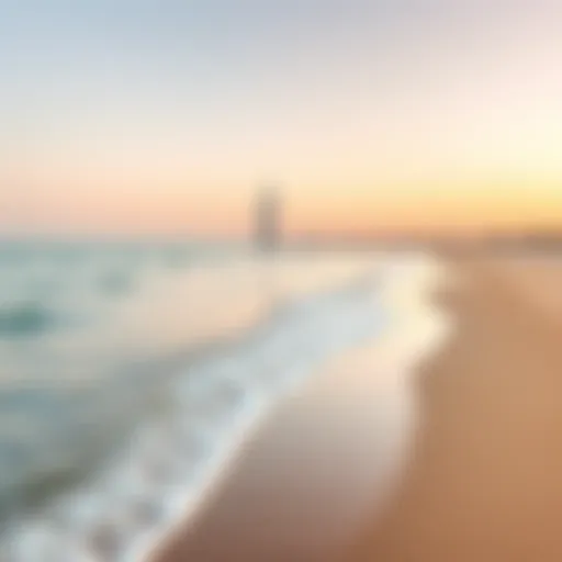 Panoramic view of Al Zawra Beach with gentle waves lapping the shore