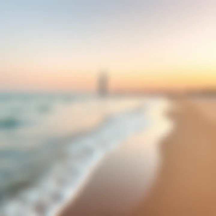 Panoramic view of Al Zawra Beach with gentle waves lapping the shore