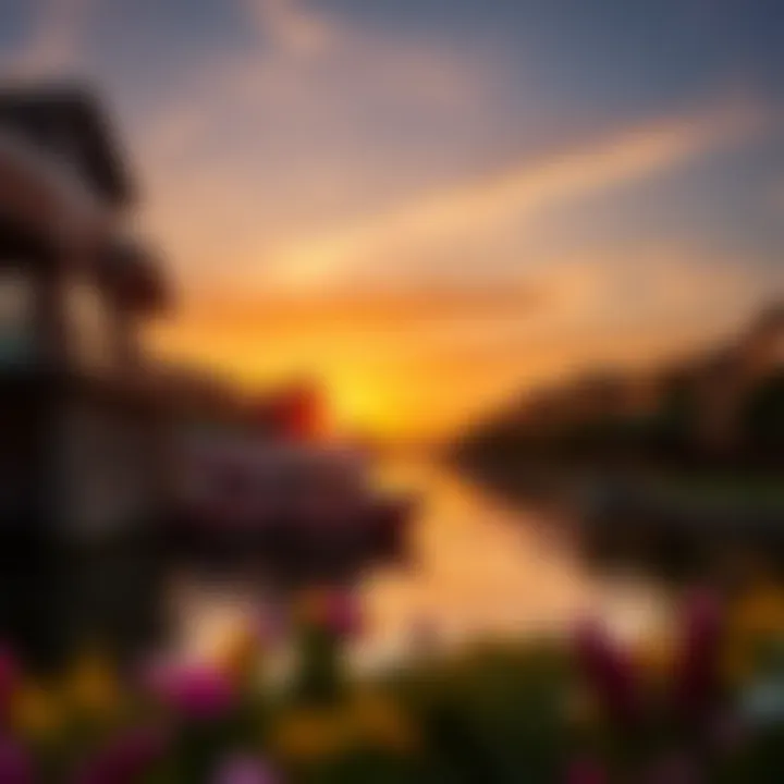 Sunset over a picturesque riverfront community