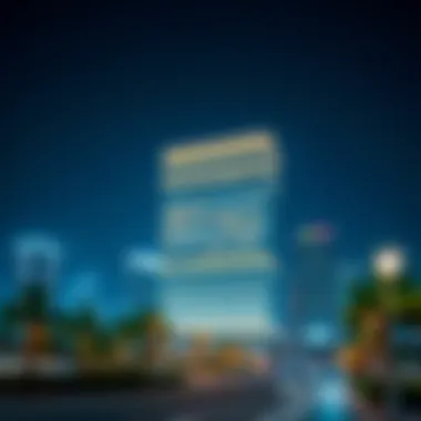 Night view of the Awqaf Building illuminated against the city skyline