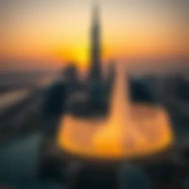 Sunset View of Burj Khalifa and Fountain A panoramic view of the Burj Khalifa and fountain during sunset