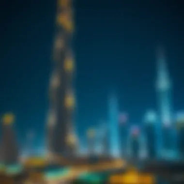 Night skyline of Dubai featuring Burj Khalifa illuminated