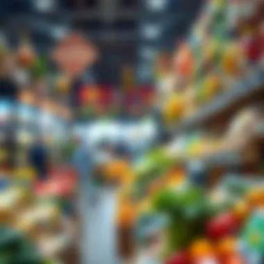 A vibrant market scene displaying various grocery items