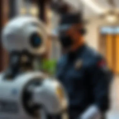 Police officer interacting with a robotic assistant in a high-tech environment.