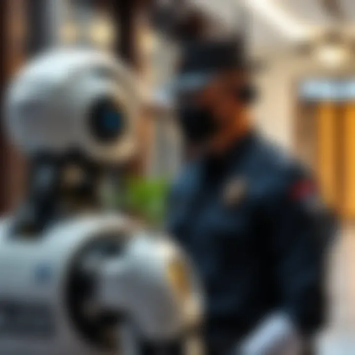 Police officer interacting with a robotic assistant in a high-tech environment.