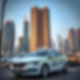 A modern Dubai taxi in front of iconic skyscrapers