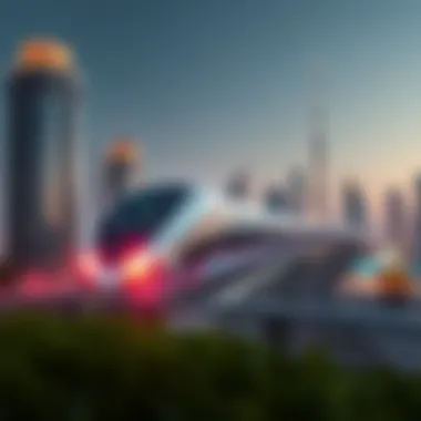 A futuristic train traversing a modern skyline