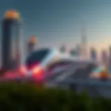 Futuristic Train in Dubai's Skyline A futuristic train traversing a modern skyline