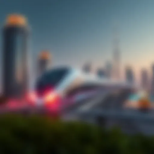 Futuristic Train in Dubai's Skyline A futuristic train traversing a modern skyline