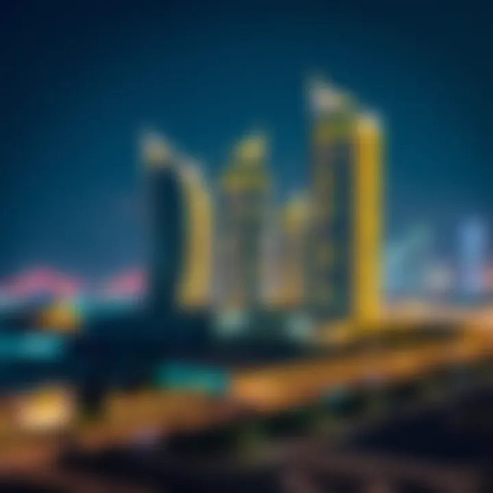 Night view of الواحة سنتر illuminated against the skyline