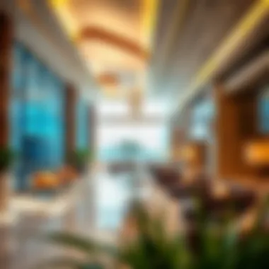 Interior shot of API Tower's lobby depicting luxury amenities