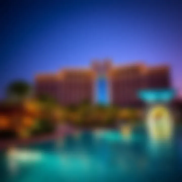 Evening view of Atlantis Dubai water park illuminated