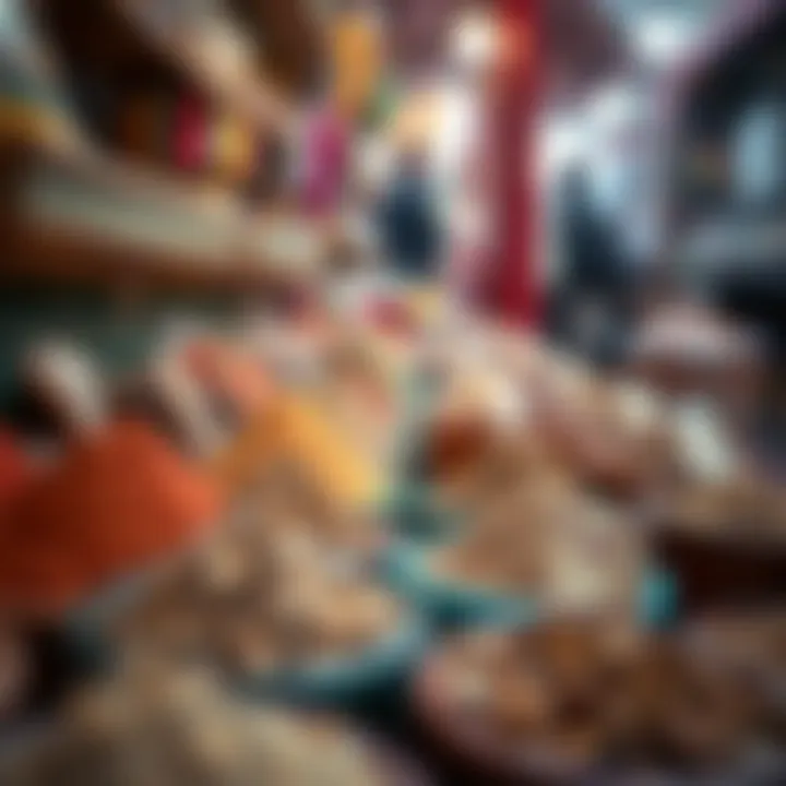 A close-up of traditional spices and herbs neatly arranged in colorful containers