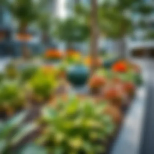 A vibrant discovery garden bed featuring a variety of plants in an urban setting