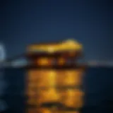 A luxurious floating restaurant illuminated at night
