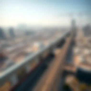 Aerial Perspective of Dubai's Metro Network Aerial view of the Dubai Metro network highlighting key stations