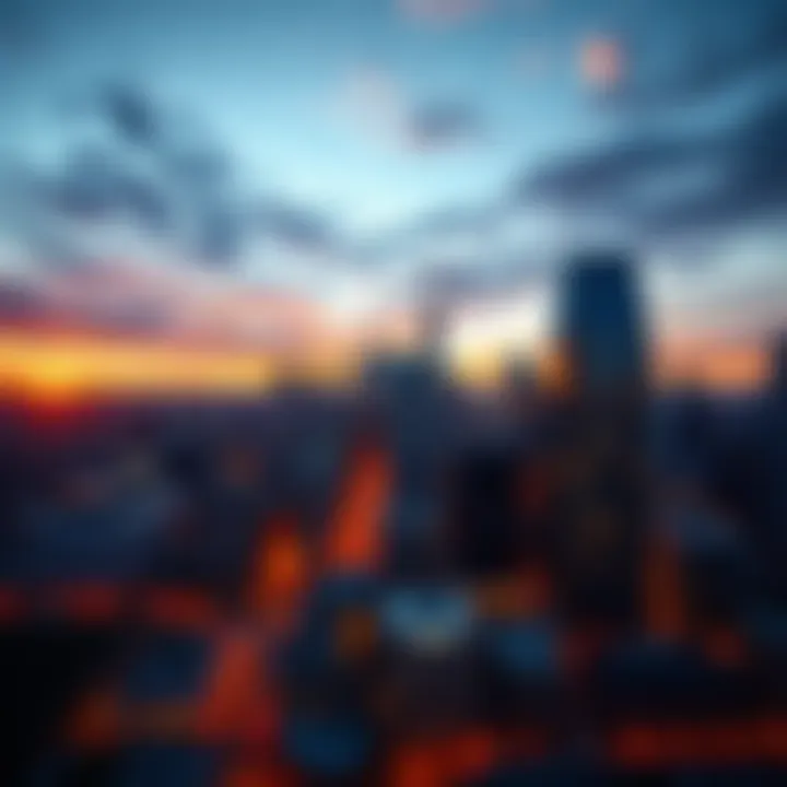 A stunning view of a bustling city skyline at sunset, symbolizing urban life.
