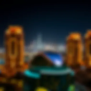 Night view of Muraba illuminated, reflecting Dubai's skyline