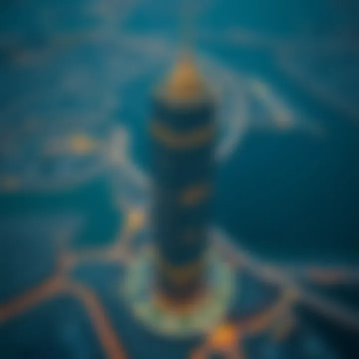 Aerial view of Dubai highlighting the tower's location within the urban landscape