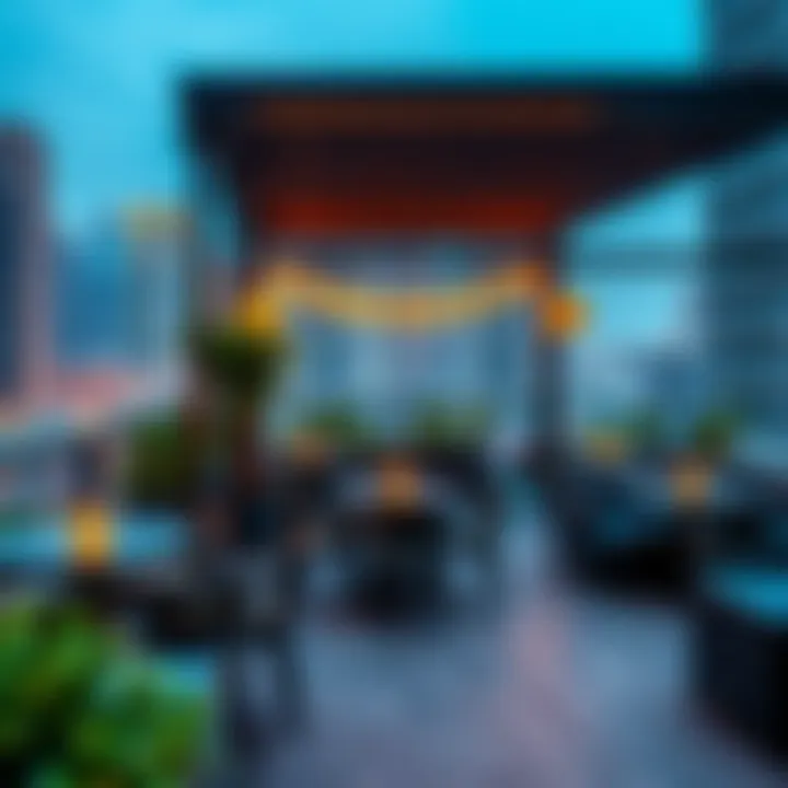 Elegant Outdoor Seating at Rooftop Café Elegant outdoor seating setup at a rooftop café overlooking the city