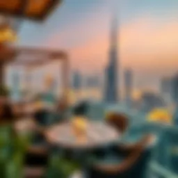 A panoramic view of Dubai's skyline from a luxurious rooftop café