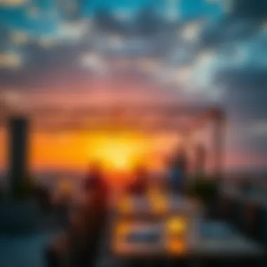 Vibrant Sunset Over Rooftop Dining Area A vibrant sunset casting a warm glow over a rooftop dining area
