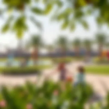 Lively Community Park Vibrant community park with recreational facilities and families enjoying outdoor activities