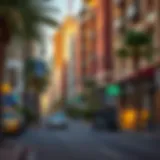 A vibrant street view of International City showcasing diverse architecture and cultural influences