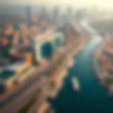 An aerial view of key landmarks along شارع دبي العين, emphasizing its significance in Dubai.