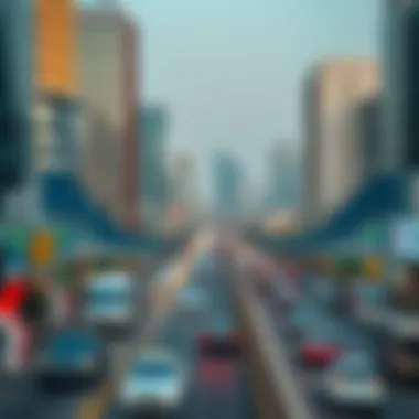 A vibrant view of شارع دبي العين showcasing the modern infrastructure and busy traffic.