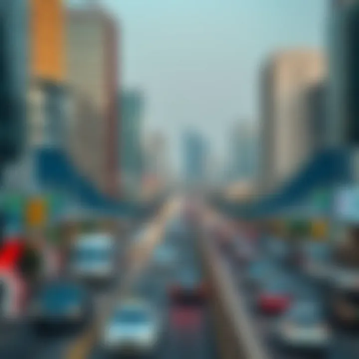 A vibrant view of شارع دبي العين showcasing the modern infrastructure and busy traffic.