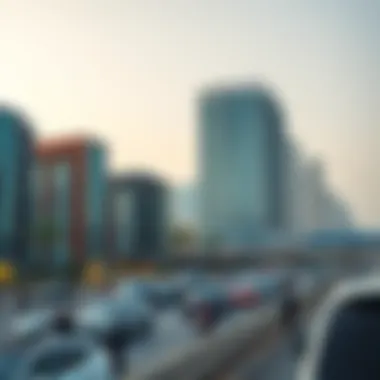 A bustling scene depicting real estate developments along شارع دبي العين and investment opportunities.