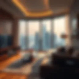 A stunning view of a modern studio apartment in Dubai with city skyline