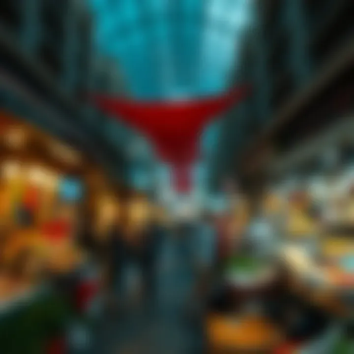 An overview of a bustling city market showcasing diverse vendors and products.