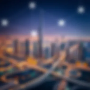 Dubai Skyline Enhanced by Satellite Connections Aerial view of Dubai skyline with satellite connections overlay