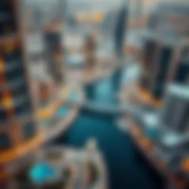 Aerial view of River Dubai Downtown showcasing modern architecture