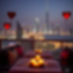 A romantic dinner setup overlooking the Dubai skyline