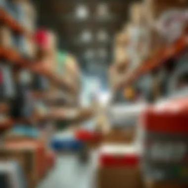 Organized Retail Goods at Warehouse Sale A well-organized display of retail goods at a warehouse sale.