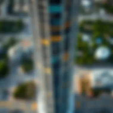 Aerial view of the Westbury Business Tower highlighting its unique architectural design.