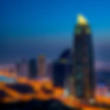 Evening skyline of Dubai featuring the illuminated Westbury Business Tower.