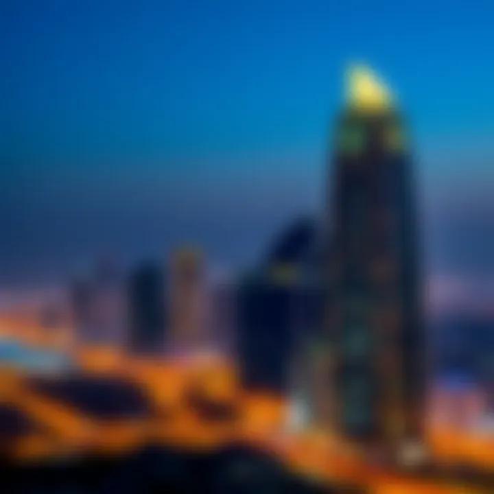 Evening skyline of Dubai featuring the illuminated Westbury Business Tower.