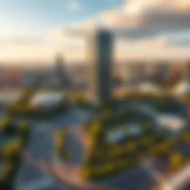 Panoramic view of the surroundings of the Westbury Business Tower, highlighting infrastructure and accessibility.