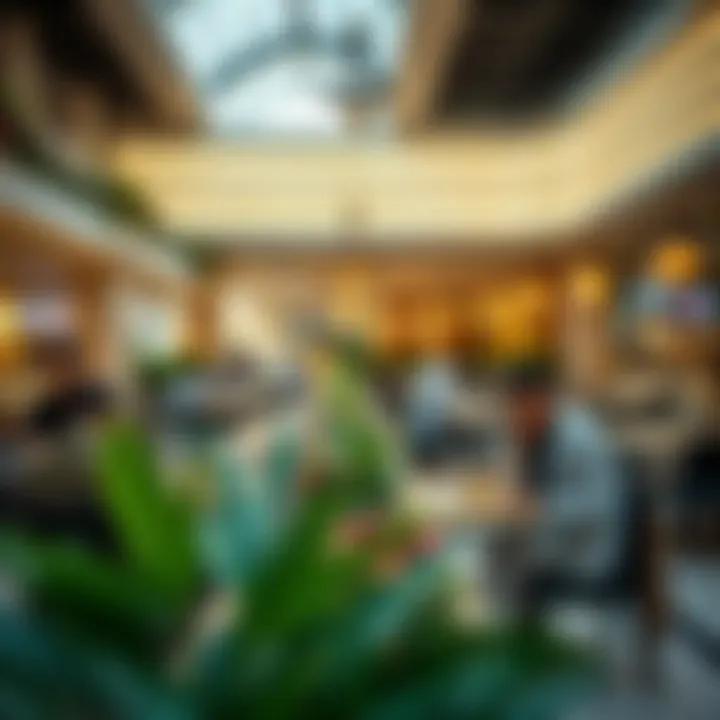 Dining area with various cuisines and a lively atmosphere