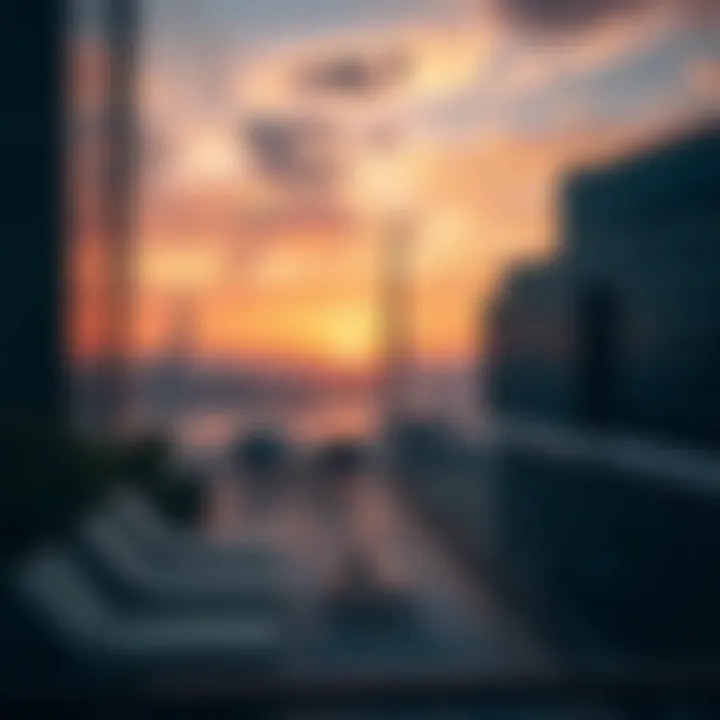 Panoramic sunset view from the Marina Park Building overlooking the Dubai skyline